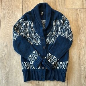 H&M Blue Wool Button Down Sweater with Gray and White Knit Design